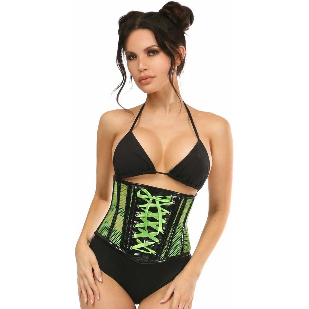 1985 Top Drawer Neon Green Patent & Fishnet Underbust Corset 4X